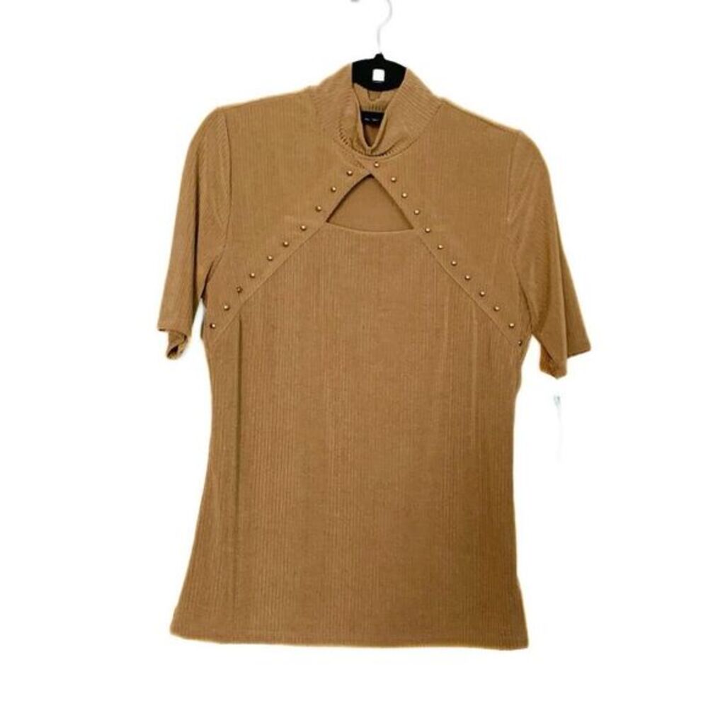 NWT INC I.N.C. International Concepts Short Sleeve Cutout Mock Neck Top Shirt